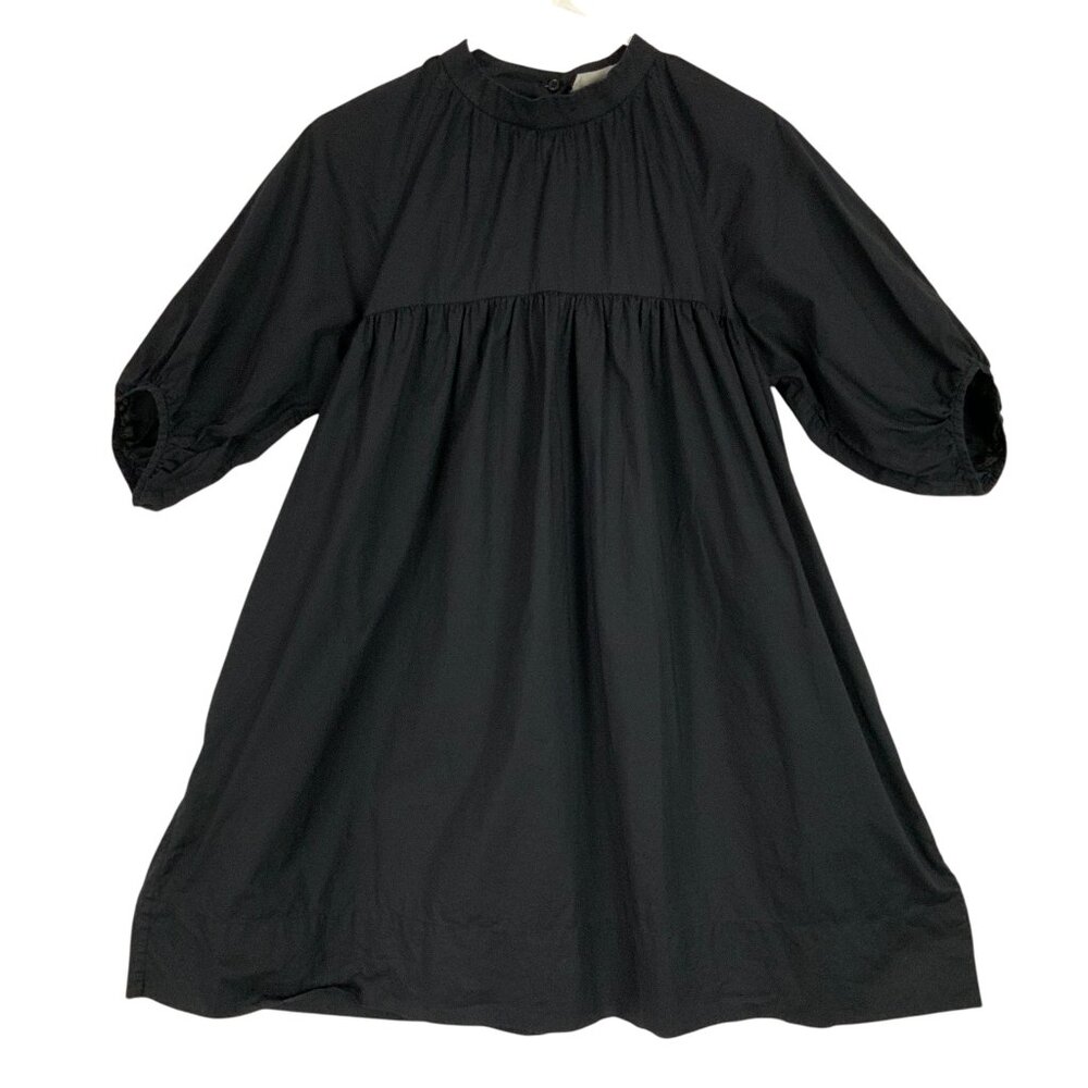 Everlane Black Cotton Blouse S Button Mock Neck Puff Elbow Sleeve A-Line Pockets